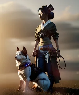 Ultra realistic, steampunk western party scene. Geisha Asian woman with dog man, waist up view, smoke, happy, color fog, people background, highly detailed, concept art, unreal engine 5, god rays, ray tracing, RTX, lumen lighting, ultra detail, volumetric lighting, 3d, finely drawn, high definition, high resolution.