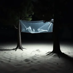 Fotografia di una scena surreale e concettuale, un'installazione. Alberi. Al centro si vede un elemento trasparente, simile a plastica sospesa. La superficie sottostante è sabbiosa, con piccole dune o accumuli di sabbia. Sullo sfondo si intravedono altre forme o strutture, alcune delle quali scure e dall'aspetto organico, hasselblad h6d400c, buio, molto nitido, scarsamente illuminato, forte senso di ambiguità, abeti