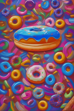 make an artwork of a donut stands on the top of abstract artist painting