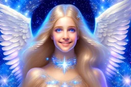 angel cosmic women with long hair, light eyes and blue brightness tunic, with a little sweety smile, with big crystal wings, in a background of stars and bright beam in the sky