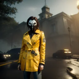 A badass Sofia Buttela wearing a scream mask, atmospheric, realistic, yellow leather trench coat, unreal engine, cinematic lighting, octane render.