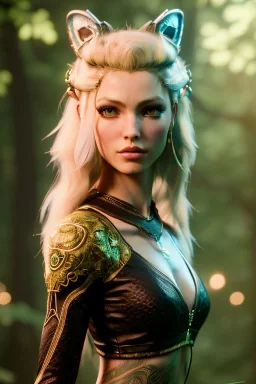 Druid character, young woman, cougar ears, cougar tail on lower back, blonde hair, long hair, green eyes, scars on body, waist up portrait, 4k resolution, intricate details, ornate details, soft lighting, vibrant colors, retroanime, masterpiece, intricate eyeliner, dark eyeshadow, eyes, intricate tattoos, natural background
