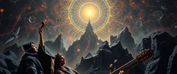 portrait, with background in the style of escher and giger, a chill contrapunctus fugue in the style of fsol, beethoven, goa trance breaks, dancefloor drum and bass,