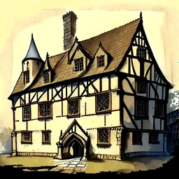 drawing of a medieval school building in the style of art novel