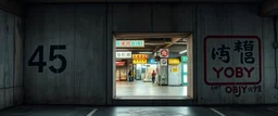 background of wall(wet textured concrete, gray, old, cracked, stained, 1 wall light) from underground parking, hong kong style, a large number "45" painted on left(old faded paint), at middle is an opening into an area with asian shops, cyberpunk, to the right of opening a faded painted rectangle containing alien language for obey