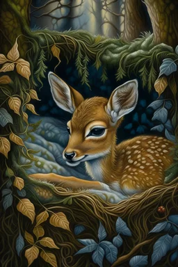 Cute realistic whitetail fawn lying in a bed of pine boughs; in the style of josephine wall