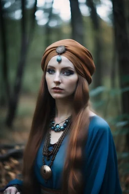 Portrait of pagan goddess in the wild forest, turban on head, long hair, jewelry made in style of Modigliani