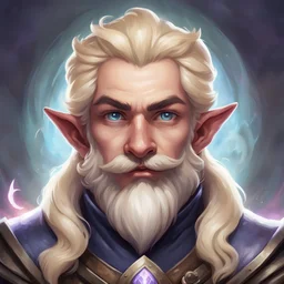 Generate a dungeons and dragons character portrait of the face of a male cleric of twilight handsome rock gnome blessed by the goddess Selune. He has light blonde hair, moustache and goatee. He's 19 years old
