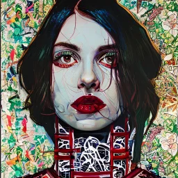 100 % modern conceptual art portrait oil painting of unusual beautiful young woman goth girl painted by Hope Gangloff and Mobius extremely detailed perfect anatomy whole head and shoulders, uncropped image,naturalistic colors, perfect gradients of subtle skin tones, museum quality, uncanny valley girl, she is wearing mismatched patterned clothing, she looks bored and annoyed, dark eyes with dark circles