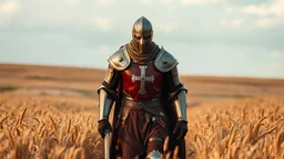 Knight in worn out battle torn armor walking in the wheat field with the cross on his chest, warm colors