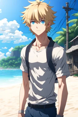 [Waterscape] In the anime, a blonde-haired young casual male character with gray-blue eyes is on the tropical beach of the village, the town. [8K resolution, ultra graphics, higher quality, and detailed with power lines.]