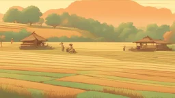 Rice field，Trees，Warm color palette，Animation，A lovely grasshopper，People who work