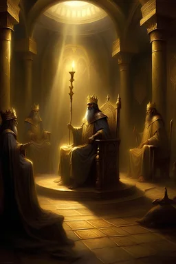 وَبِعدَما أوْقدوا مَا فِيه مِن مَصابِيح ذُهلوا لِحجْمه اَلفسِيح، وأرْضه الممرْدة مِن ذهب رقيق وَسقفِه اَلمُزين بِالْعقيق، وقد كَانَت كُلُّ تِلْك المساحة خَاوِية إِلَّا مِن عَرْش عظيم ومقاعد أَربَعة عَالِية، وَكَان يَجلِس على العرْش تِمثال حَجرِي واحد كبير يَلبَس ثوْبًا مِن حرير، وَعلَى رَأسِه تاج ذَهبِي مُرصَّع بِأحْجَار اَلزفِير..
