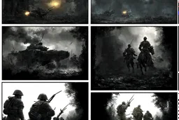 Masterpiece1:5)(Fineart), (award-winning:1.5), highest quality, (ultra realism:1.5) war journalism(,(by Tim Page and Hoorst Faas:1.5))(photorealistic:1.8), (Eastern Ukraine:(panel one:the moment after a battle ends, horrors of war, wounded men),(2nd panel, cinematic shot of men sitting in trench with 1000 yard stare (focus on their eyes:1.5)),(the third panel shows troops tired but hyper alert), (the fourth panel shows the sky is filled with incessant, fire and smoke,)