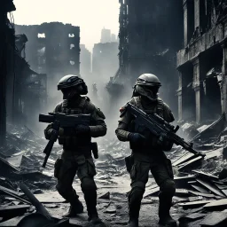 [vintage style noisy scratches glitches, Shot the texture and then rewound the film and double exposed] In the midst of the destroyed city, the two US Marine soldiers move with precision in tight formation across the ruins, while the alien xenomorphs lurk in the darkness. Their eyes scanning the shadows as they sought to avoid being surprised by the deadly foes that could strike at any moment.