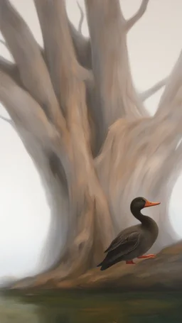 Bosch painting style , old willow tree by the river , a lovely ducks is swimming in the river