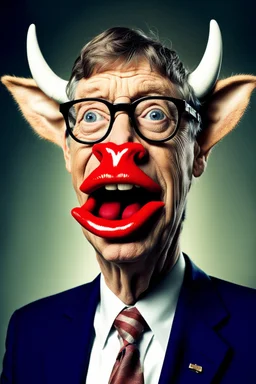 Bill Gates with a gremlin cow with big lipstick mouth, big lips