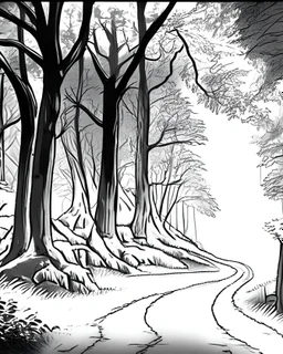draw a forest road landscape with trees on the sides