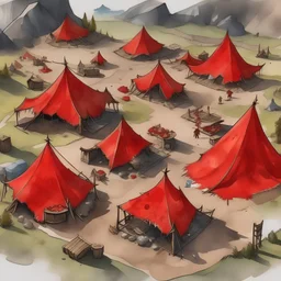 dnd, fantasy, top-down map, map of a large camp, demonic wastes, red, black sand, tents, illustration, watercolour,