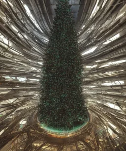 Christmas tree inside futuristic cyberpunk facility