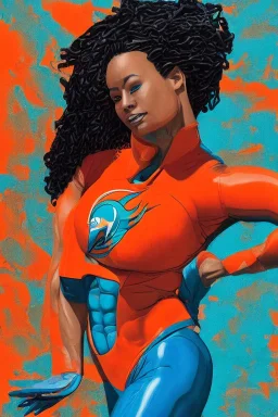 Miami Dolphins-themed muscular female superheroine orange and teal skin-tight costume Coptic Art Afrofuturism Style of Elle Reisha Perlmutter Leng Jun Stan Lee Joseph Ducreux Kehinde Wiley Boris Vallejo Jeff Koons photorealistic portrait painting Marvel Comics chunyu japanesehighschool academic art street art 64 megapixels Pixar, Disney 3d digital art, Maya 3D, ZBrush 3D shading dynamic lighting