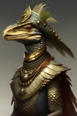 anthropomorphic monitor lizard, female, wearing a feathered headdress and necklace, wearing leather armor