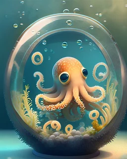 A cute little octopus in a small circular fish tank.