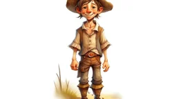 fantasy illustration of a cute and small but very poor country boy. He is 7 years old ,his clothes are worn out, but he looks happy.