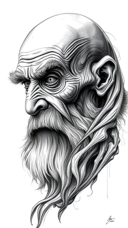 𝙋𝙧𝙤𝙢𝙥𝙩 highly detailed graphite illustration, A surreal old man figure with exaggerated anatomical features, heavily wrinkled skin, and an intense, contemplative expression. bald head, thick eyebrows, long beard merge into swirling abstract shape. Mysterious, introspective, dreamlike, somewhat dark fantasy. #𝙙𝙧𝙚art #prompt