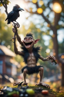 twig troll gremlin moron holding crow dropping garbage from tree tops laughing,bokeh like f/0.8, tilt-shift lens 8k, high detail, smooth render, down-light, unreal engine, prize winning