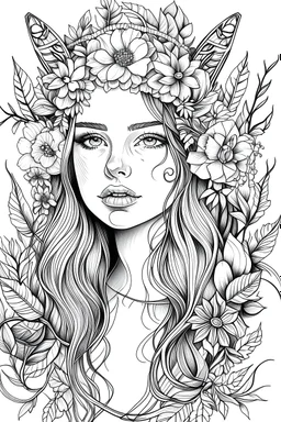Generate a colouring page with some pencil sketch of a beautiful girl face wearing flower crown on head, butterfly ear rings and flower necklace