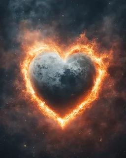 Moon, biological heart, cinematic, {abstract}, depression, space background, atmospheric, fire, DLSR, soft focus, dispersion