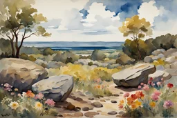 Sunny day, clouds, flowers, rocks, trees, distant mountains, spring, sci-fi, fantasy, winslow homer watercolor paintings