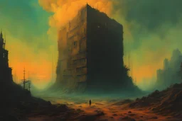 the catastrophic misfortune visited on the helpless and innocent by the machinations of rampant corporate greed in the style of Zdzislaw Beksinski, light luminous colors and otherworldly dystopian aesthetic of decay, highly detailed, 4k