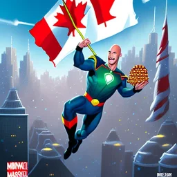 Canadian superhero throwing syrup bottle comic book art, background is a city with a Canadian flag, raining syrup, bald, full beard, M on chest, comic book art, art style by dark horse comics, high resolution, 8k