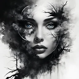 double exposure in an Eyeball effect, by Andreas Lie, black and white silhouette in the vision, noir imagery transparent photo layering, Artificial Synesthesia, midnight malignancy vision, by Russ Mills, by Esau Andrews; ethereal horror hyperdetailed mist Thomas Kinkade, 8k resolution, holographic cosmic illustration mixed media by Artgerm