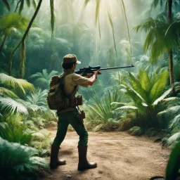 35mm film photography, [photorealistic art] a hunter with a rifle aiming at a Chilesaurus diegosuarezi. the boys in the jungle, high detail, vintage pellicule, film effect, dramatic dutch light