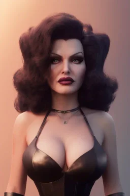 Rita Hayworth as evil queen in black leather, busty, cleavage, curvy, angry, stern look. character design by cory loftis, fenghua zhong, ryohei hase, ismail inceoglu and ruan jia. unreal engine 5, artistic lighting, highly detailed, photorealistic, fantasy