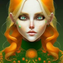 fantasy setting, woman, orange and white hair, green eyes, wavy hair, freckles