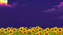 purple sky full of stars, sunflower field, anime