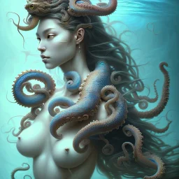 Sango fantasy, fantasy magic, intricate, sharp focus, illustration, highly detailed, digital painting, concept art, matte, art germ and Paul Lewin and Kehinde Wiley, masterpiece Japanese mermaid head bronze octopus' Asian African girl nice breast Thai hair turquoise silver blue under water