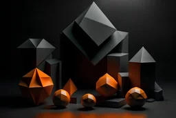dark grey background with abstract five different orange 3d shapes, they are located around the perimeter of the image, and the center of the picture remains empty without any elements