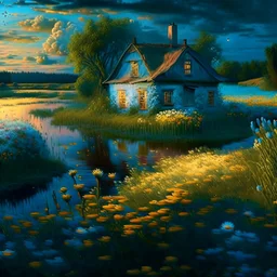 cottage , in the fields, Lake, airbrush, flowers by Van Gogh Modifiers: extremely detailed fantasy 8k oil on canvas very attractive dynamic lighting Unreal Engine cinematic postprocessing Van Gogh Thomas Kinkade glowing Craig Rutkowski