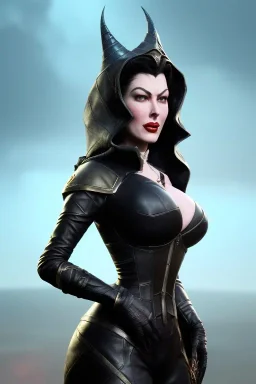 Ava Gardner as evil queen in black leather, busty, cleavage, curvy, angry, stern look. character design by cory loftis, fenghua zhong, ryohei hase, ismail inceoglu and ruan jia. unreal engine 5, artistic lighting, highly detailed, photorealistic, fantasy