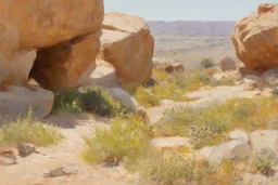 Sunny day, rocks, big rocks, vegetations, distant mountains, sci-fi, willem maris, and alfred stevens paintings