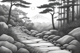 A photo of my traditional, monochromatic nature pencil drawing inspired by Japanese woodblock prints, featuring a stylized scene of a forest with a focus on a rocky, natural stone pathway.