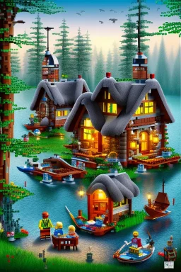 lego cottage in the forest with lake boy girl