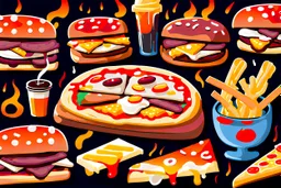 Pizza, sandwich, hamburger, baguette bread, french fries, pizza cheese, soda, and sauce with a dark color theme and barbecue flames.