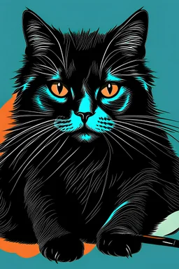 buatkan gambar kucing dengan style ilustrasi brush. bulu kucing berwarna hituam outih. matanya berwarna hijau. ekspresinya sedang bahagia