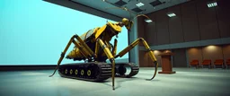 in the style of Escher and Giger and Fallout 4, pinhole cam, airbrush 3d rendering, on tv screen:A five-second cinematic single take in a clean industrial presentation hall. A bizarre mechanically plausible tracked atv machine stands beside a presentation podium, designed to look like a giant mechanical praying mantis. T Two long folded mechanical front arms resemble mantis forelegs, huge head and arm